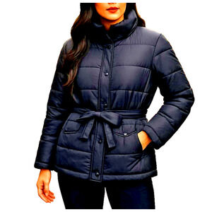 GARNET HILL Puffer Jacket Womens Size‎ 4 S Black Down Feather Hip Length Belted